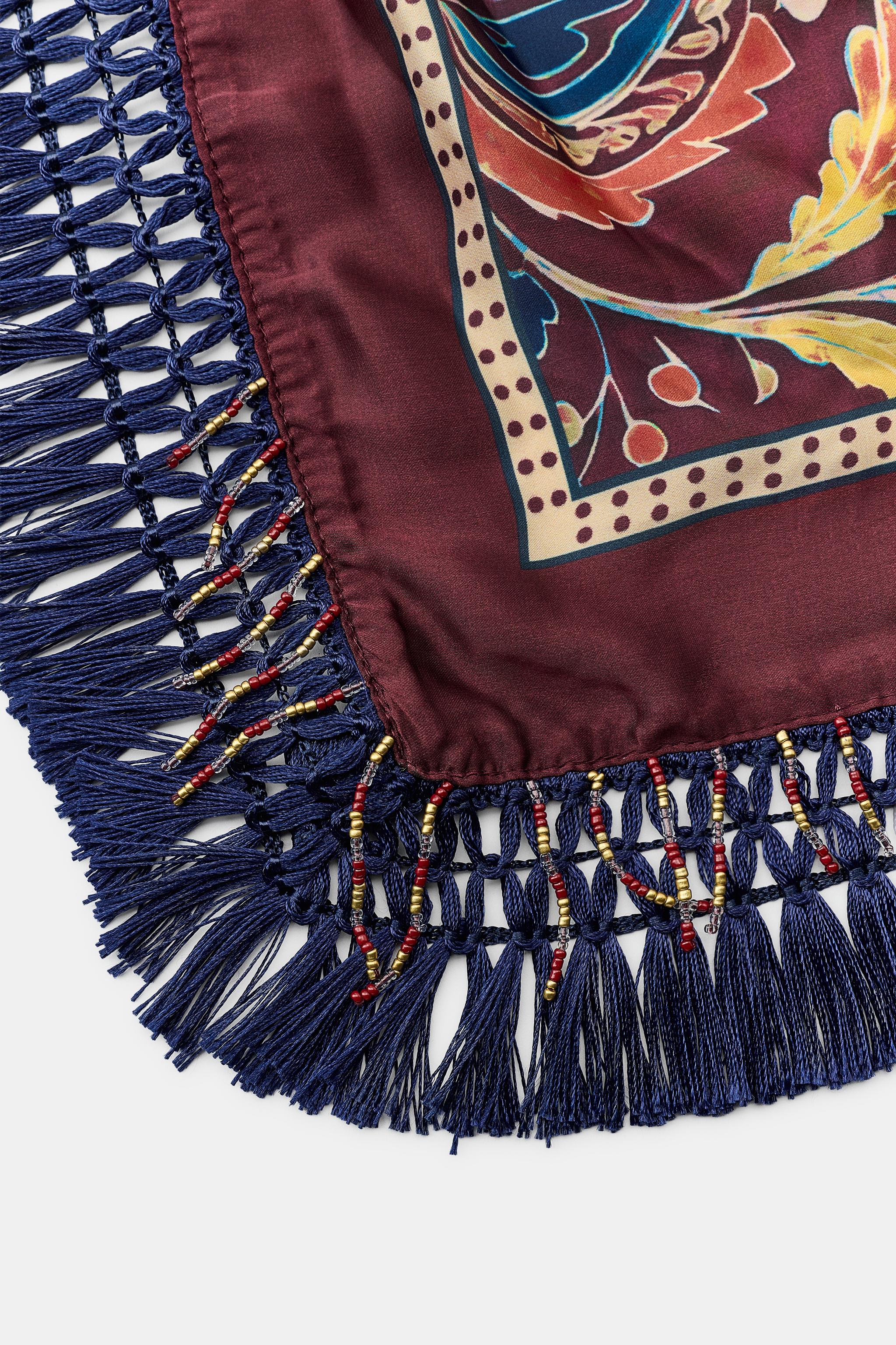PRINTED FLORAL SCARF WITH BEADED FRINGE