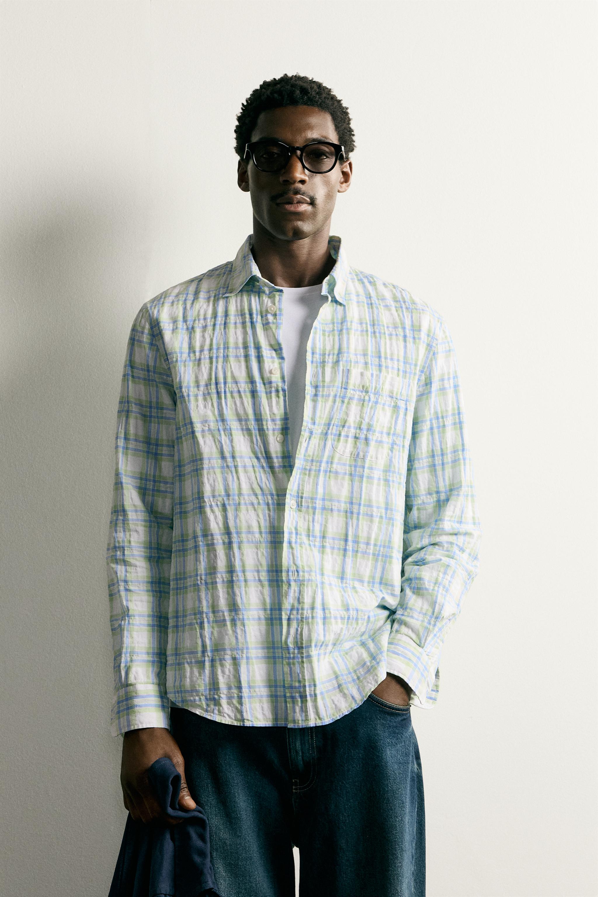 REGULAR FIT WRINKLE EFFECT PLAID SHIRT — Green / Blue (alternate view)