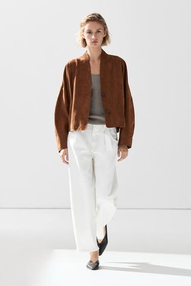 Chaqueta cuello pico piel ante - Visón oscuro de Zara - Imagen 0