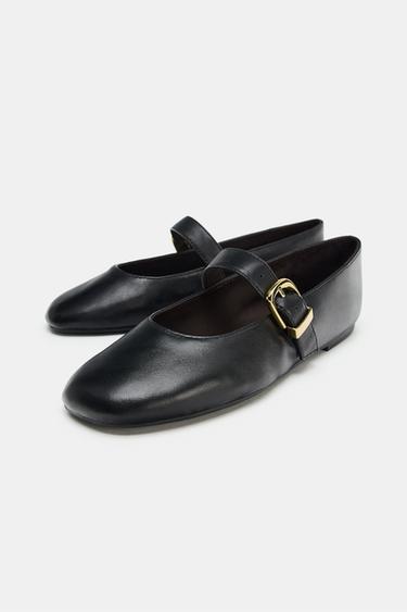 LEATHER BALLET FLATS WITH BUCKLE - Black by Zara - Image 3