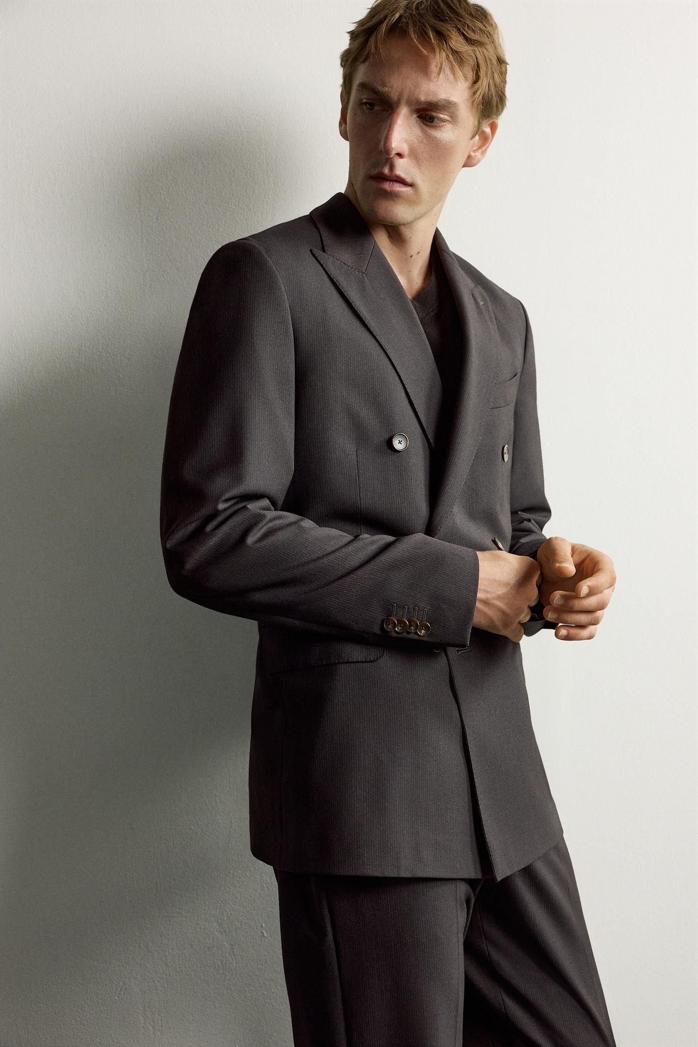 Мужской пиджак Zara Striped Double-Breasted Suit Blazer, цвет: Тёмный коричневый — фото 7