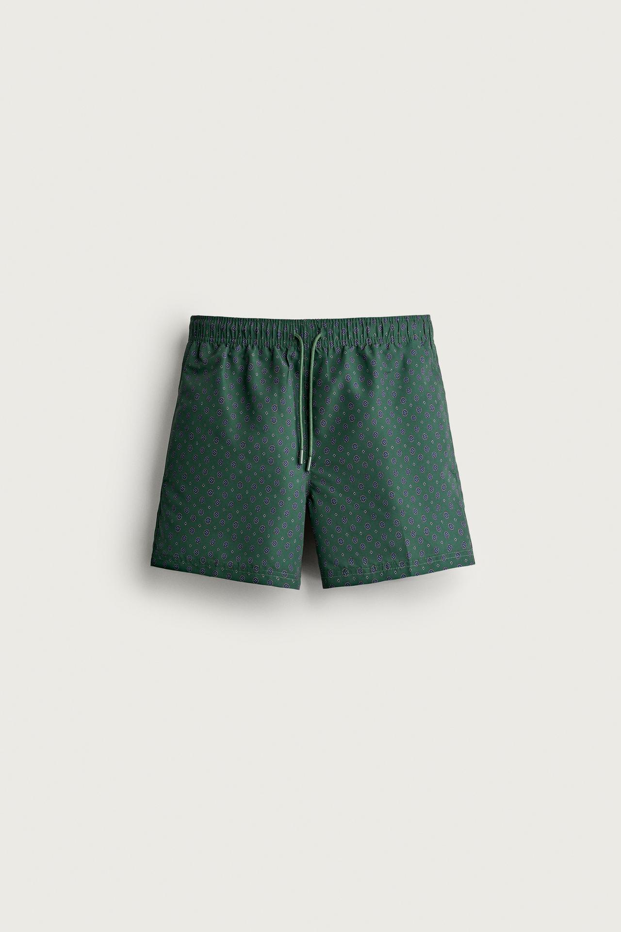 GEOMETRIC PRINT MID-LENGTH SWIM TRUNKS — Bottle green