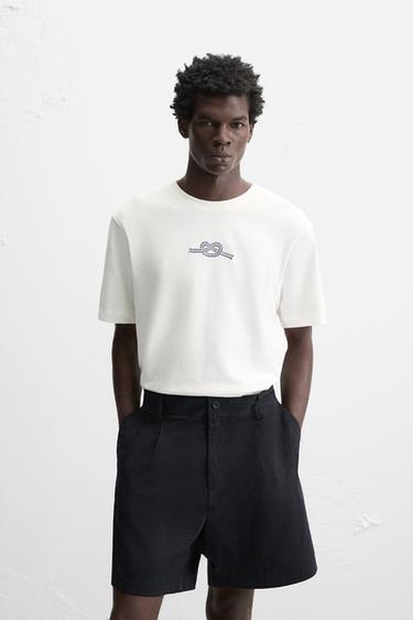 Zara COMBINED EMBROIDERY T-SHIRT - Oyster-white