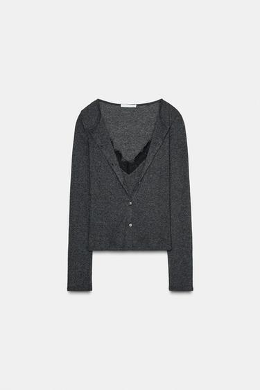 Zara LACE COMBINATION JACKET TOP - Charcoal