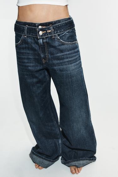 Zara MID-RISE PLEATED BELTED TRF JEANS - Navy blue
