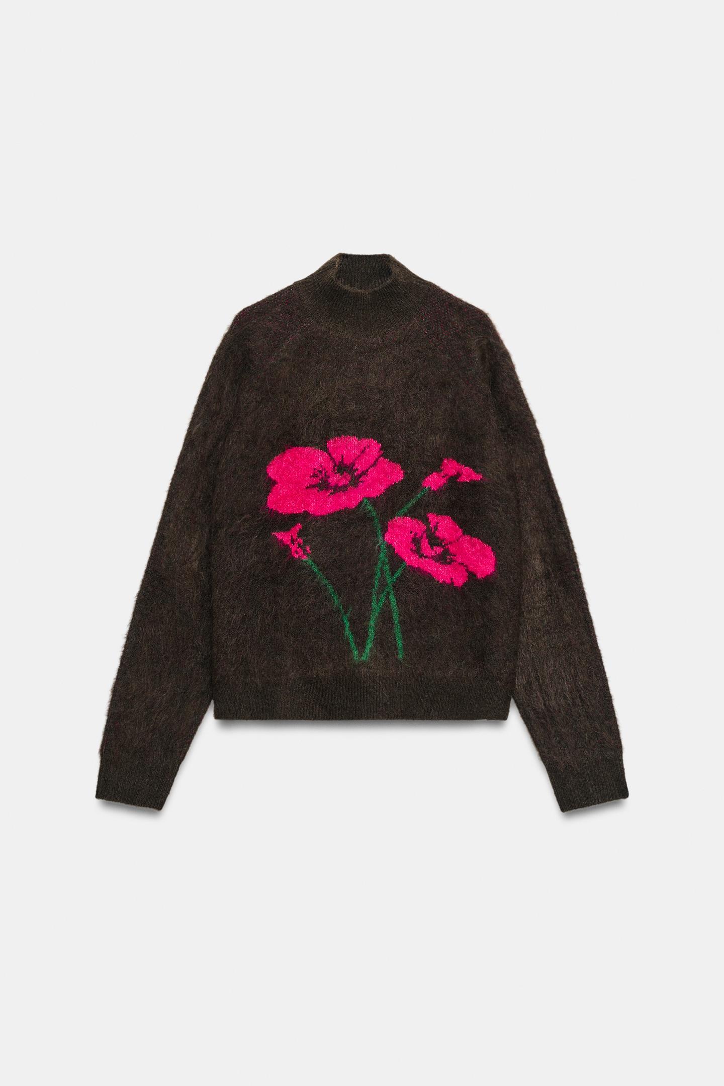 Женский свитер Zara Floral Knit, цвет: Коричневый — фото 7