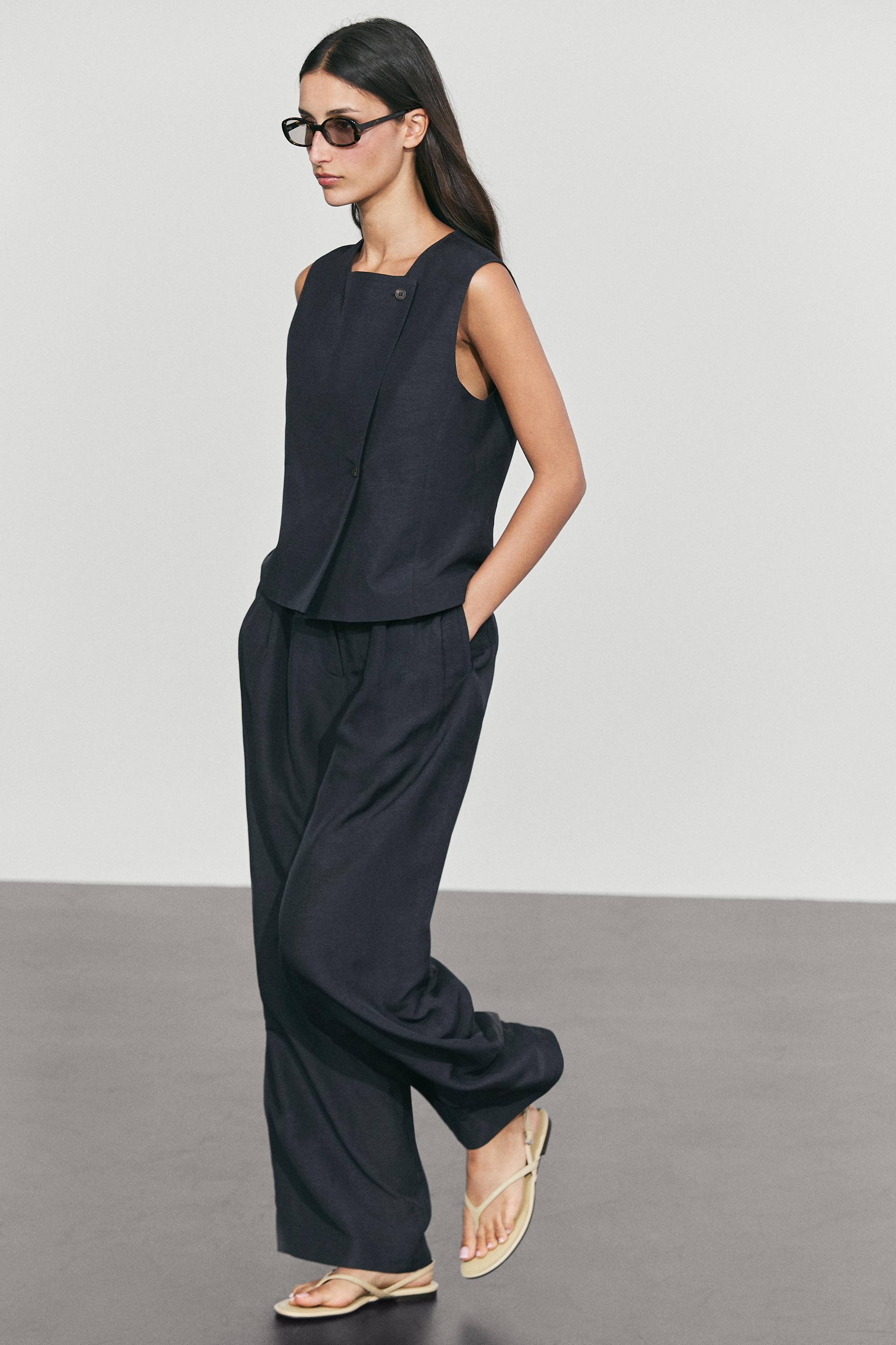 Linen-blend button-detail pants — Navy blue
