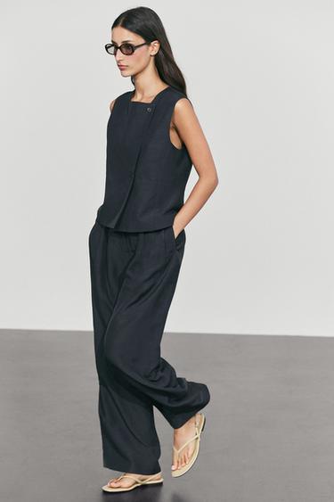 Linen-blend button-detail pants — Navy blue 2