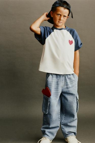 HEART RAGLAN SLEEVE T-SHIRT - Blue/White by Zara