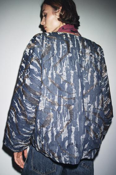 BEADED DENIM-EFFECT QUILTED KIMONO - Blue by Zara - Image 3