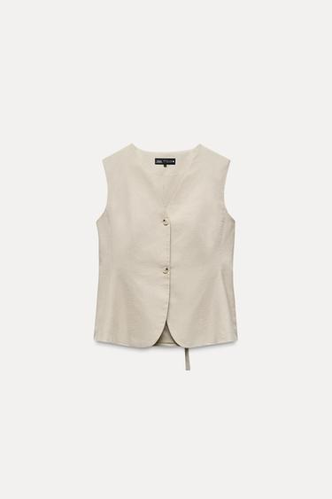 ZW COLLECTION FITTED LINEN WAISTCOAT - Sand by Zara