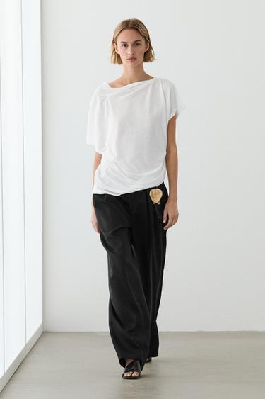 Zara Flowing short sleeve crepe-effect T-shirt - Oyster-white - Image 0