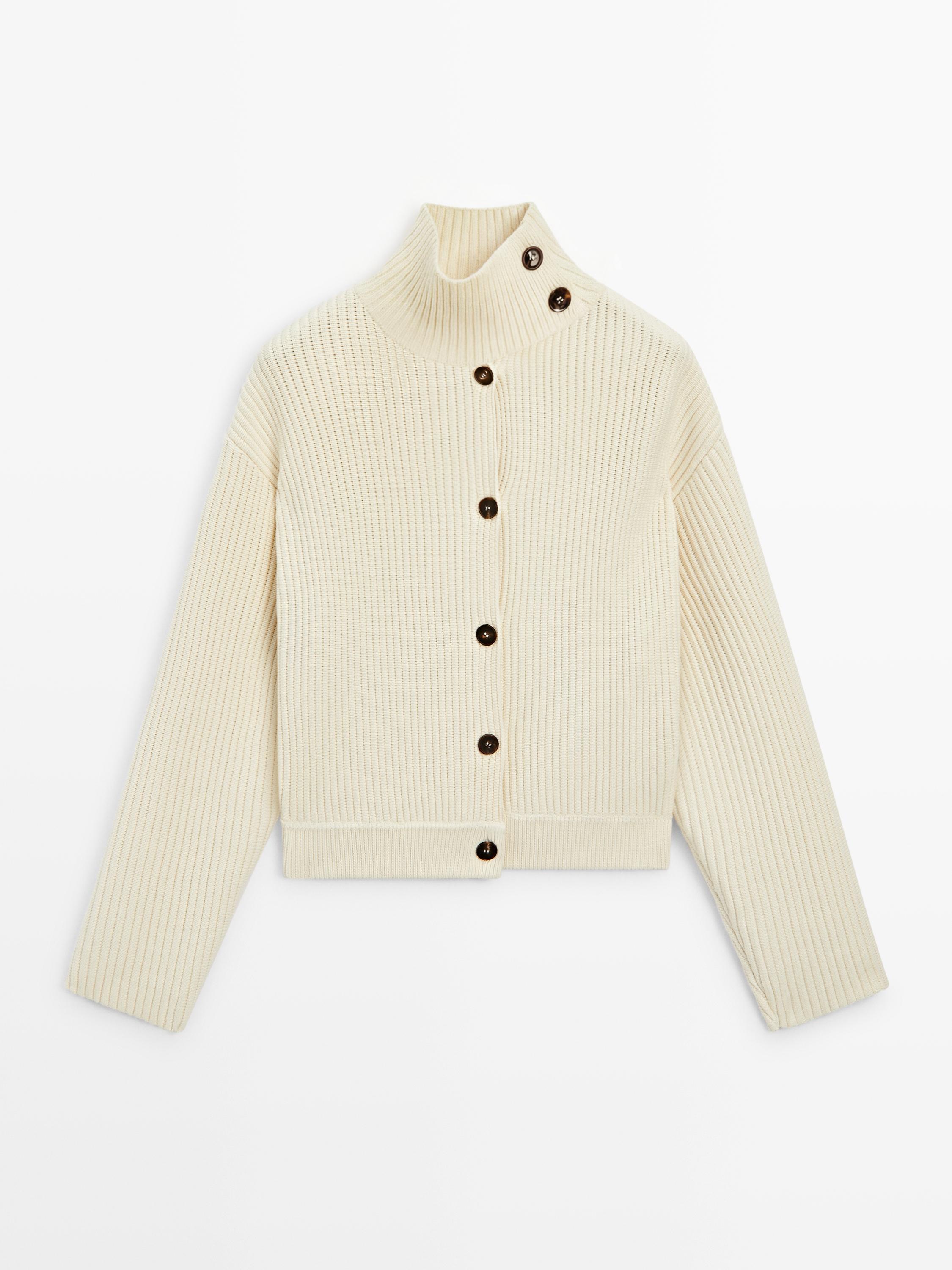 Cotton high neck knit cardigan