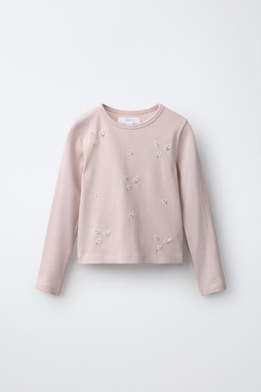 EMBROIDERED FAUX PEARL RIB T-SHIRT - Pink by Zara