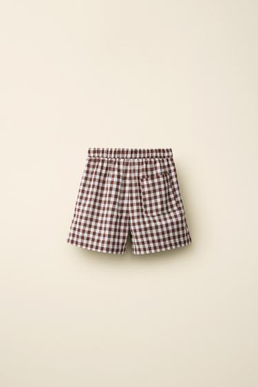 SHORT À CARREAUX VICHY EN COTON ET LIN CRÉÉ PAR CARAMEL LONDON X ZARA - Marron clair de Zara - Image 1