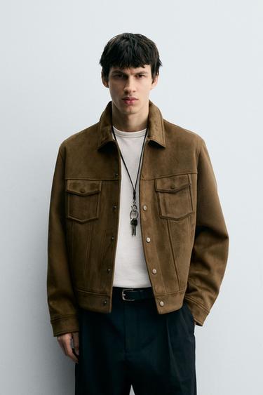 Zara REGULAR FIT FAUX SUEDE JACKET - taupe brown