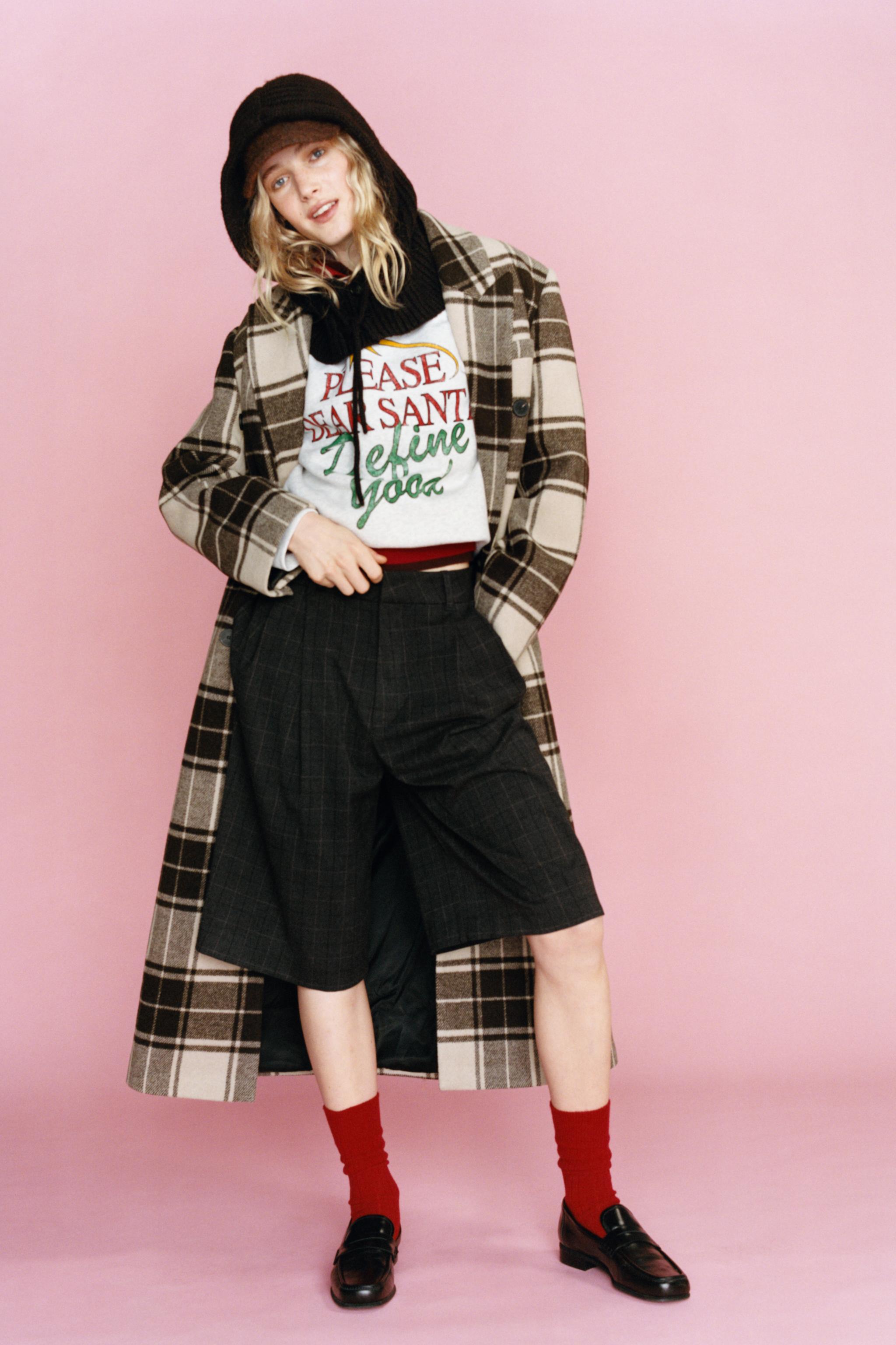 チェック柄エクストラロングウールコート - サンド/ブラウン | ZARA