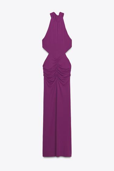 VESTIDO LARGO HALTER FRUNCES - Morado Oscuro de Zara