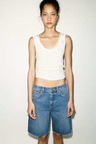 TRF MID-WAIST BELT LOOP DENIM BERMUDA SHORTS - Navy blue by Zara