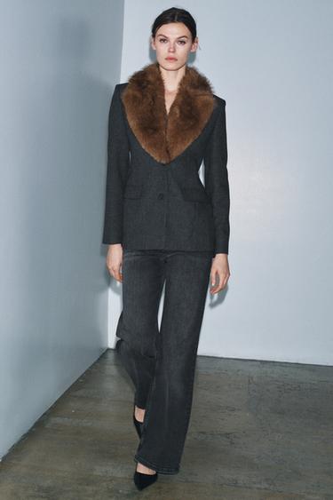 FAUX FUR COLLAR FITTED BLAZER ZW COLLECTION - Grey marl by Zara