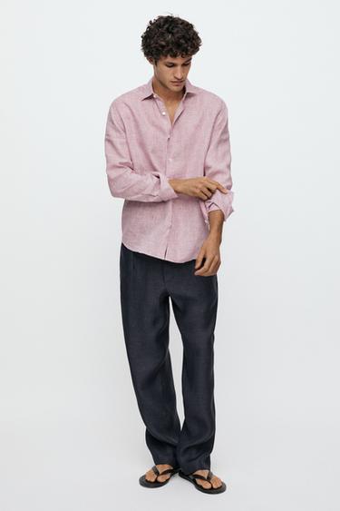 Camisa microcuadro regular fit 100% lino - Rojo fuerte de Zara