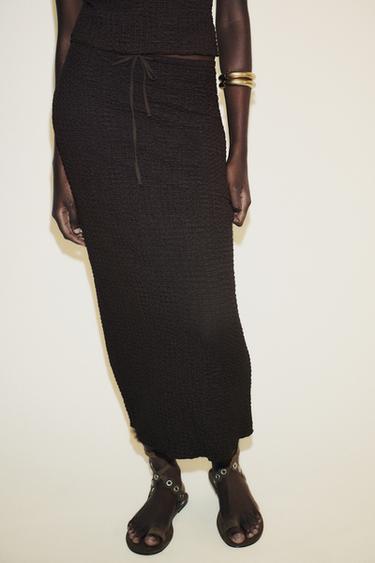 Zara TEXTURED MIDI SKIRT - Chocolate