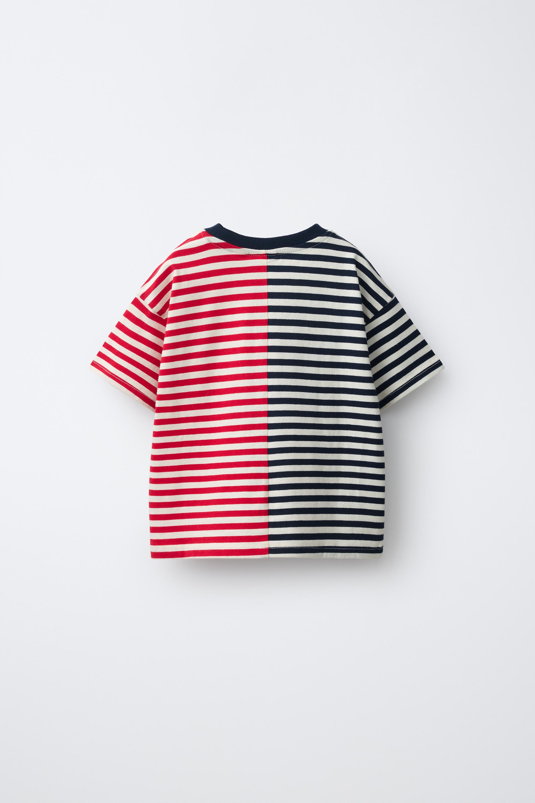 STRIPED EMBROIDERED T-SHIRT — Red / Navy