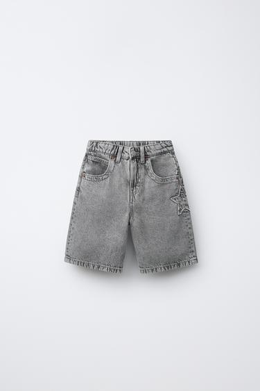 DENIM BERMUDA SHORTS WITH STAR AND TEXT DETAIL - Mid-grey by Zara