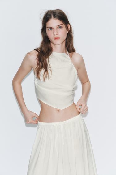 Zara RUCHED HALTER TOP - White
