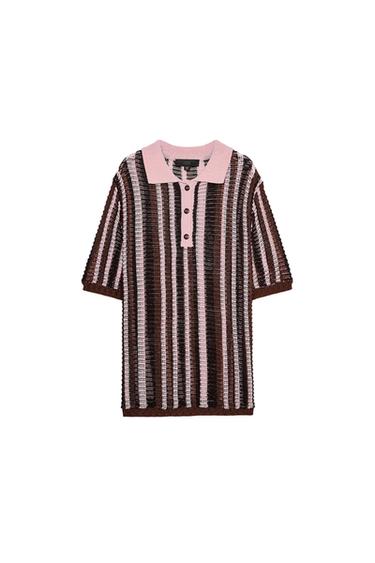 Short-sleeved knit polo shirt with vertical stripes in brown, black and pink. Classic pink collar with buttons. White background. ZARA label.