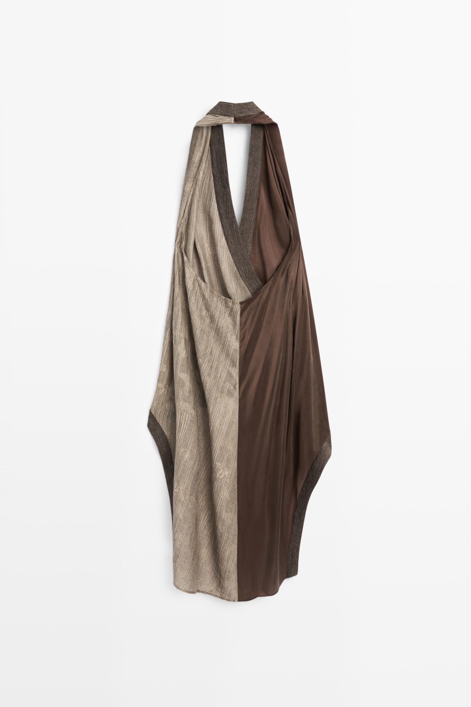 Flowing wrap top with mixed fabric detail