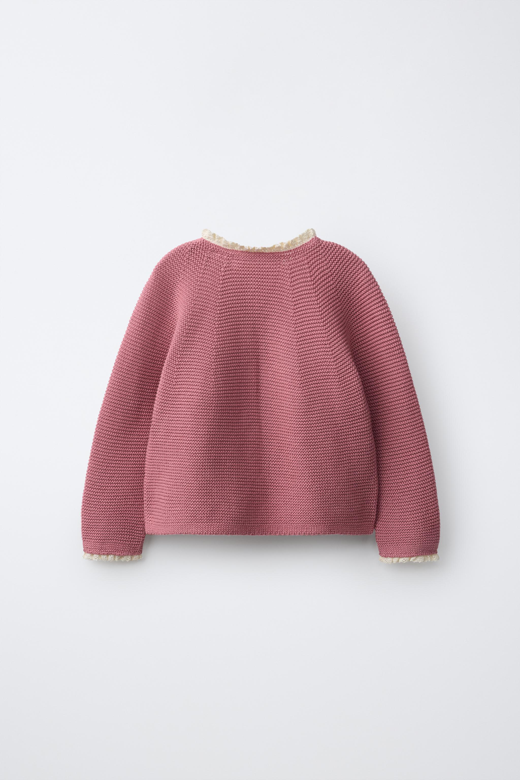 CONTRAST LACE KNIT CARDIGAN — Pink