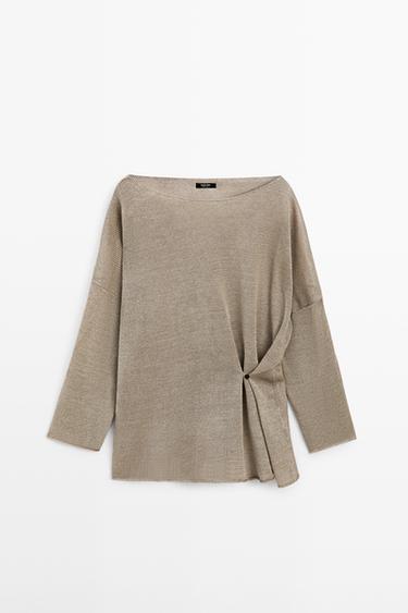 Zara Oversize knit linen sweater with button detail - Beige marl