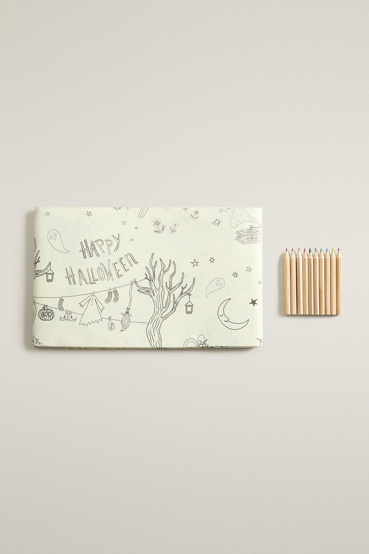 KIDS' HALLOWEEN COLOURING PAPER TABLECLOTH (SET OF 10 PENCILS)