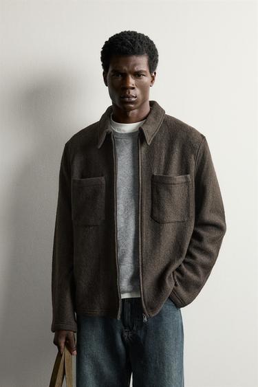 VISCOSE-WOOL BLEND TEXTURED OVERSHIRT — Dark brown 1