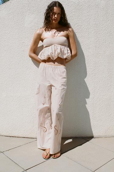 Zara EMBROIDERED PAJAMA PANTS - Pale pink