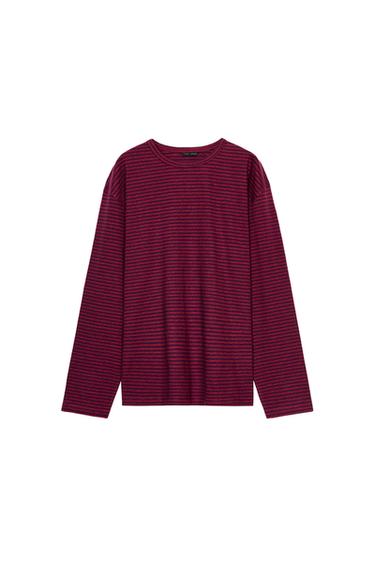 STRIPED COTTON AND LINEN T-SHIRT - Purples by Zara