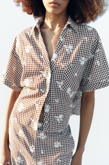 CAMISA CUADROS BORDADOS - Marrón / Crudo de Zara