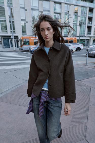 CROPPED WOOL COAT - Dark brown by Zara