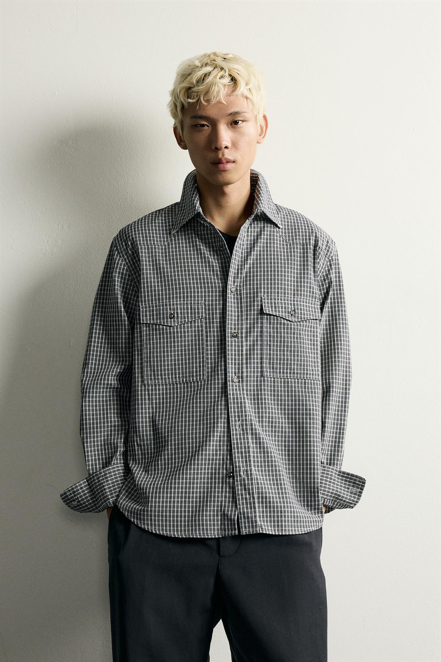 Мужская рубашка Zara Relaxed Fit Plaid, цвет: Тёмно-синий / Белый — фото 2