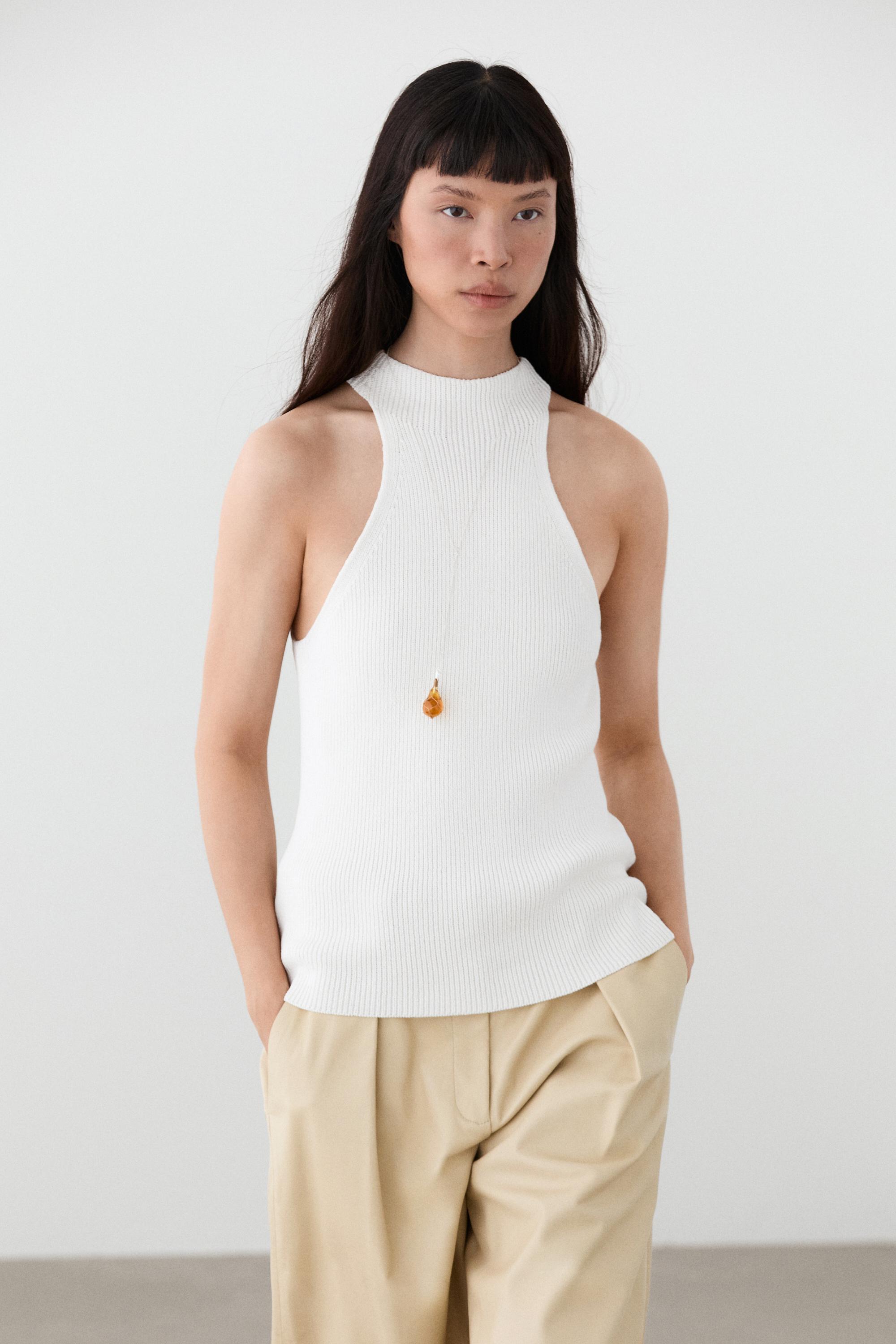Cotton blend halter top with ribbed detail — White