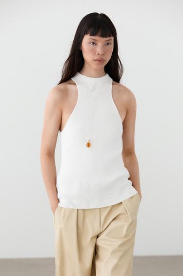 Cotton blend halter top with ribbed detail — White 2