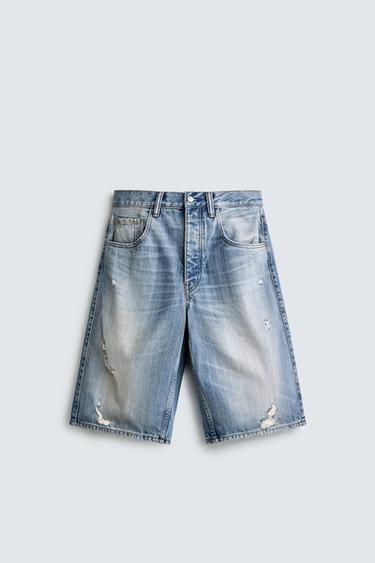 RIPPED BAGGY FIT DENIM BERMUDA SHORTS - Mid-blue by Zara