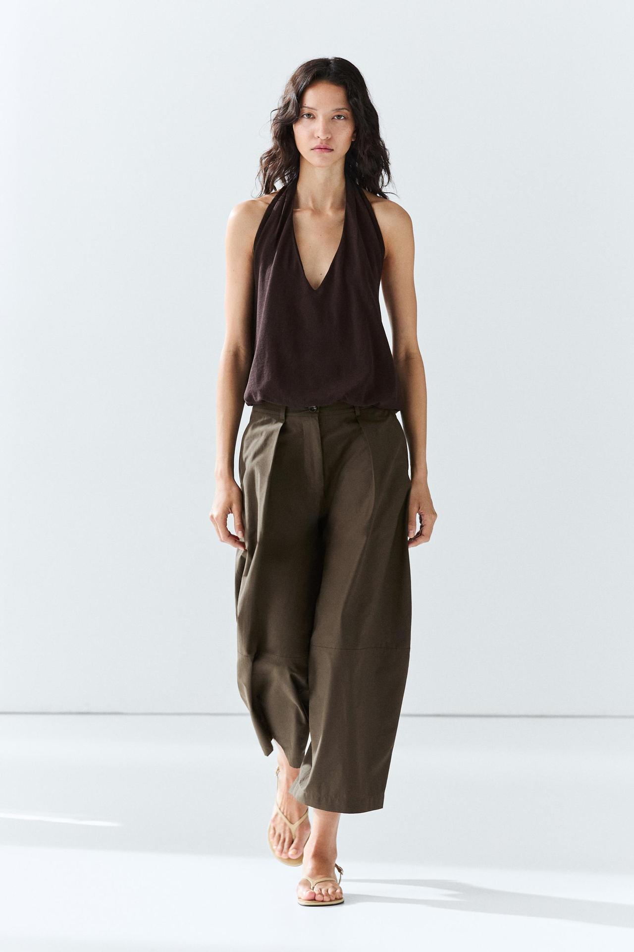 Cotton blend poplin wide-leg pants — Khaki