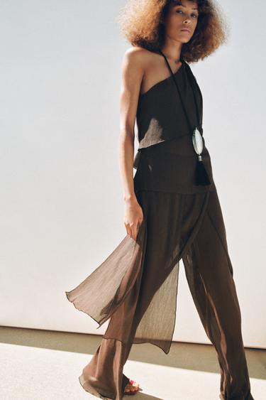 Zara ASYMMETRIC TEXTURED TOP - 巧克力色