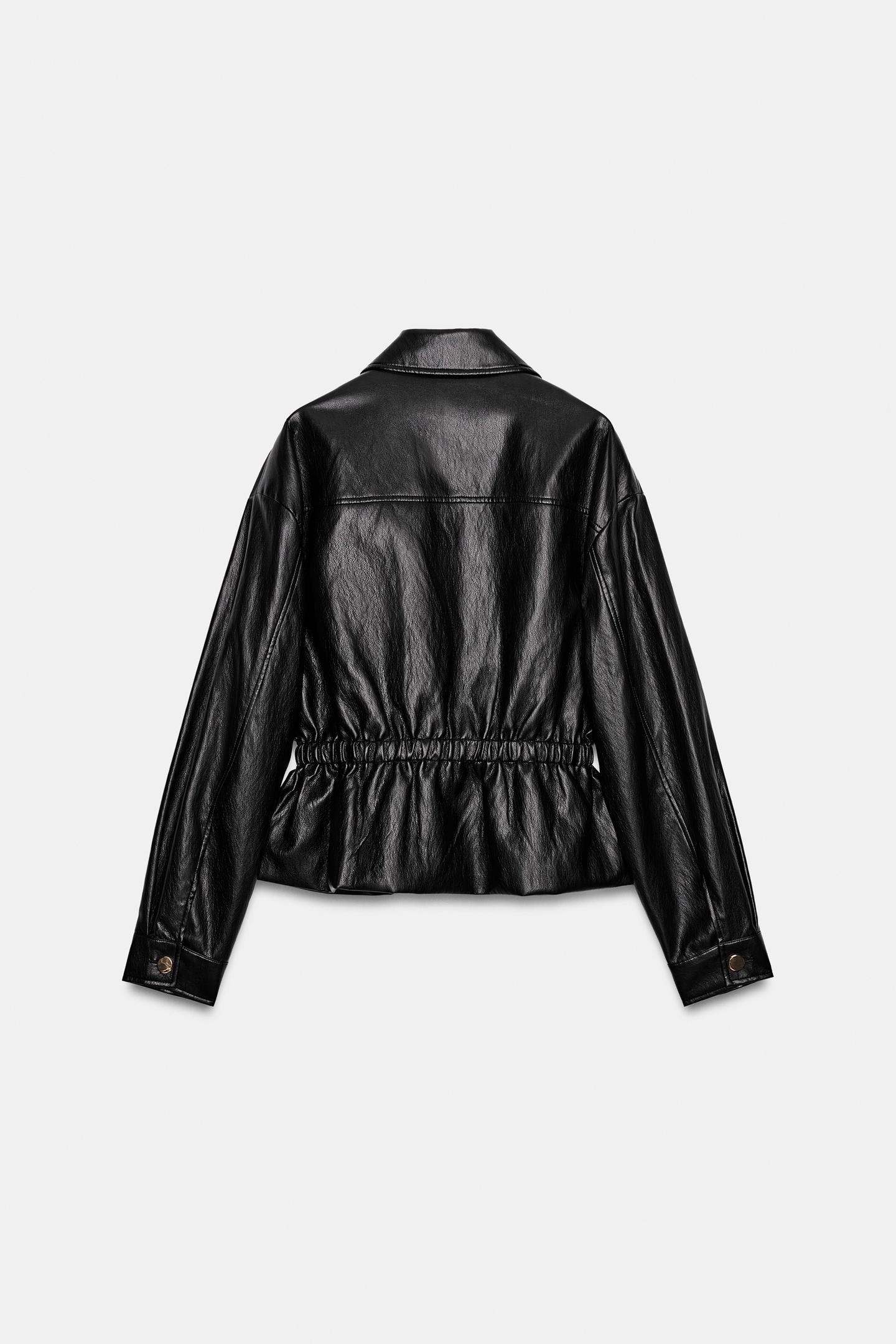 Женская куртка Zara Faux Leather Jacket with Elasticized Waist, цвет: Чёрный — фото 7