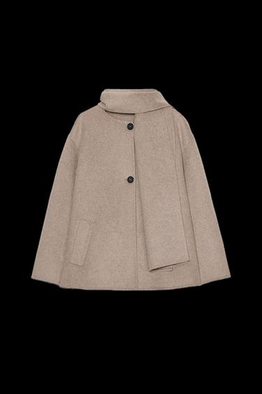 SHORT WOOL COAT WITH SCARF - Mink by Zara