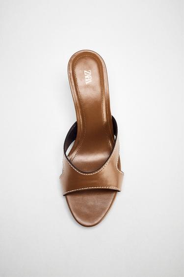 TOPSTITCHED HEELED SANDALS - Brown by Zara