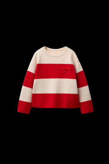STRIPED KNIT SWEATER WITH BOWS - Ecru / Red by Zara - Image 0