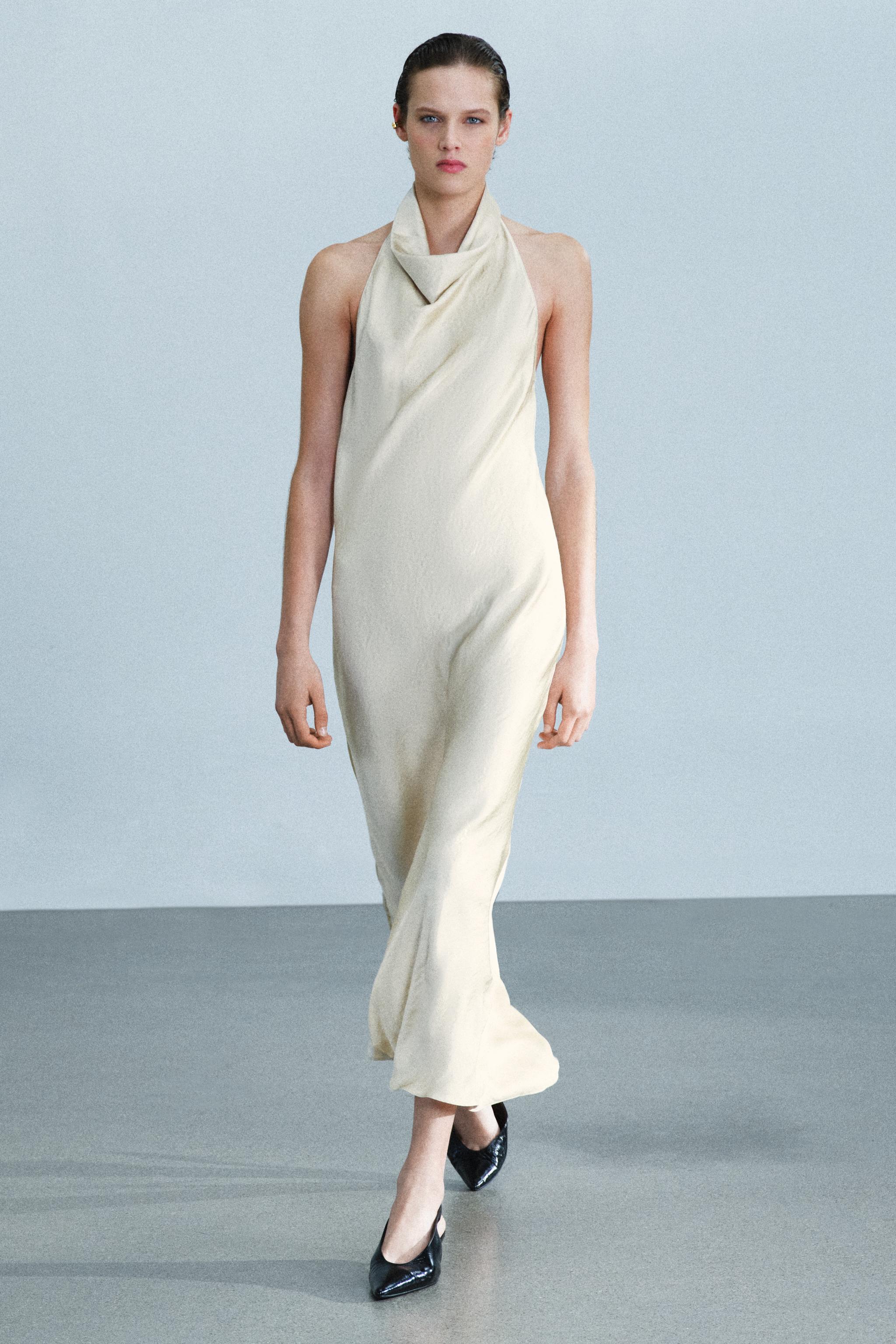 Zara ZW COLLECTION SATEN YÜZEYLİ HALTER MİDİ ELBİSE